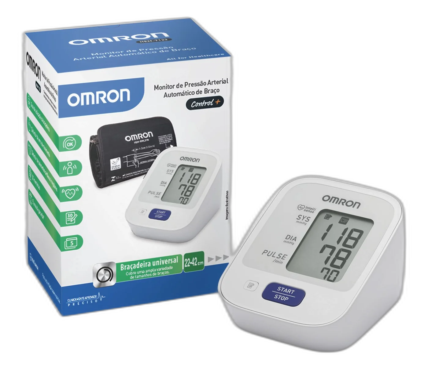 Monitor de pressão arterial de braço OMRON Control+ HEM-7122 com a caixa do produto