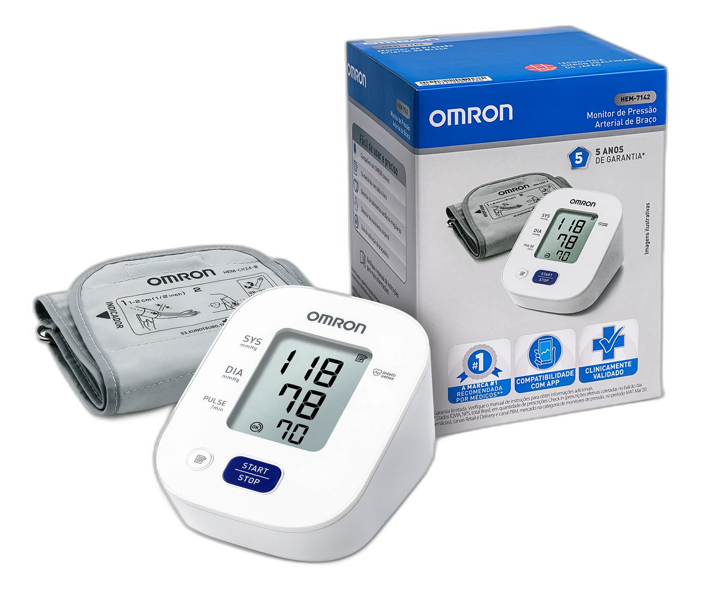 Monitor de pressão arterial de braço OMRON HEM-7142 com a caixa do produto