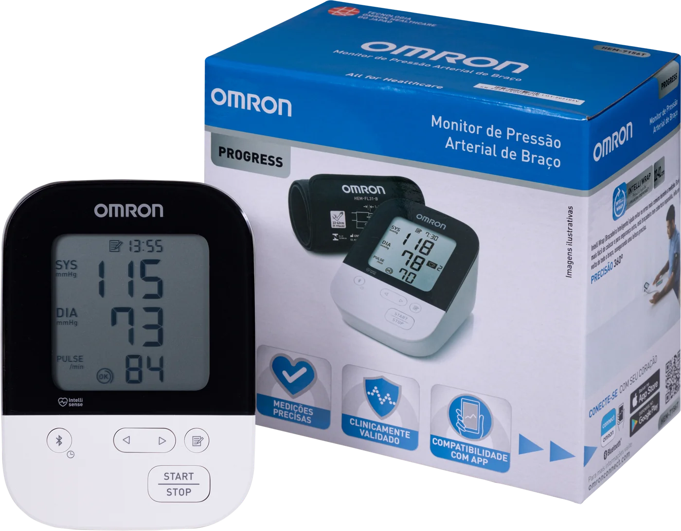 Monitor de pressão arterial de braço OMRON Progress HEM-7156T com a caixa do produto