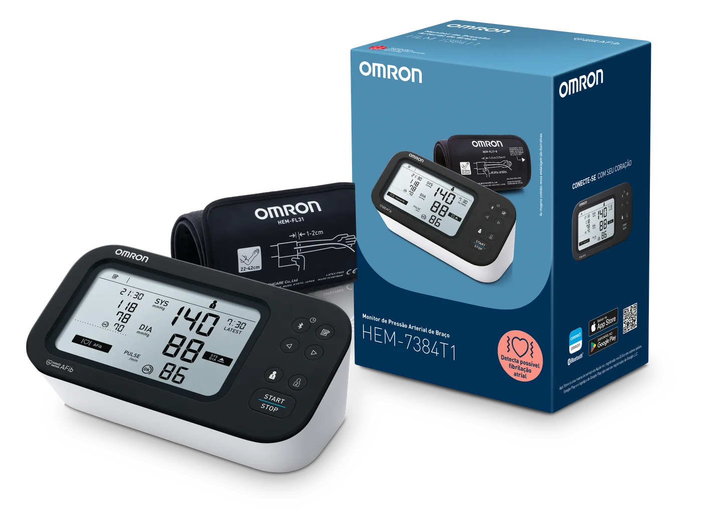 Monitor de pressão com rastreio de fibrilação atrial OMRON Intellisense AFib HEM-7384T com a caixa do produto