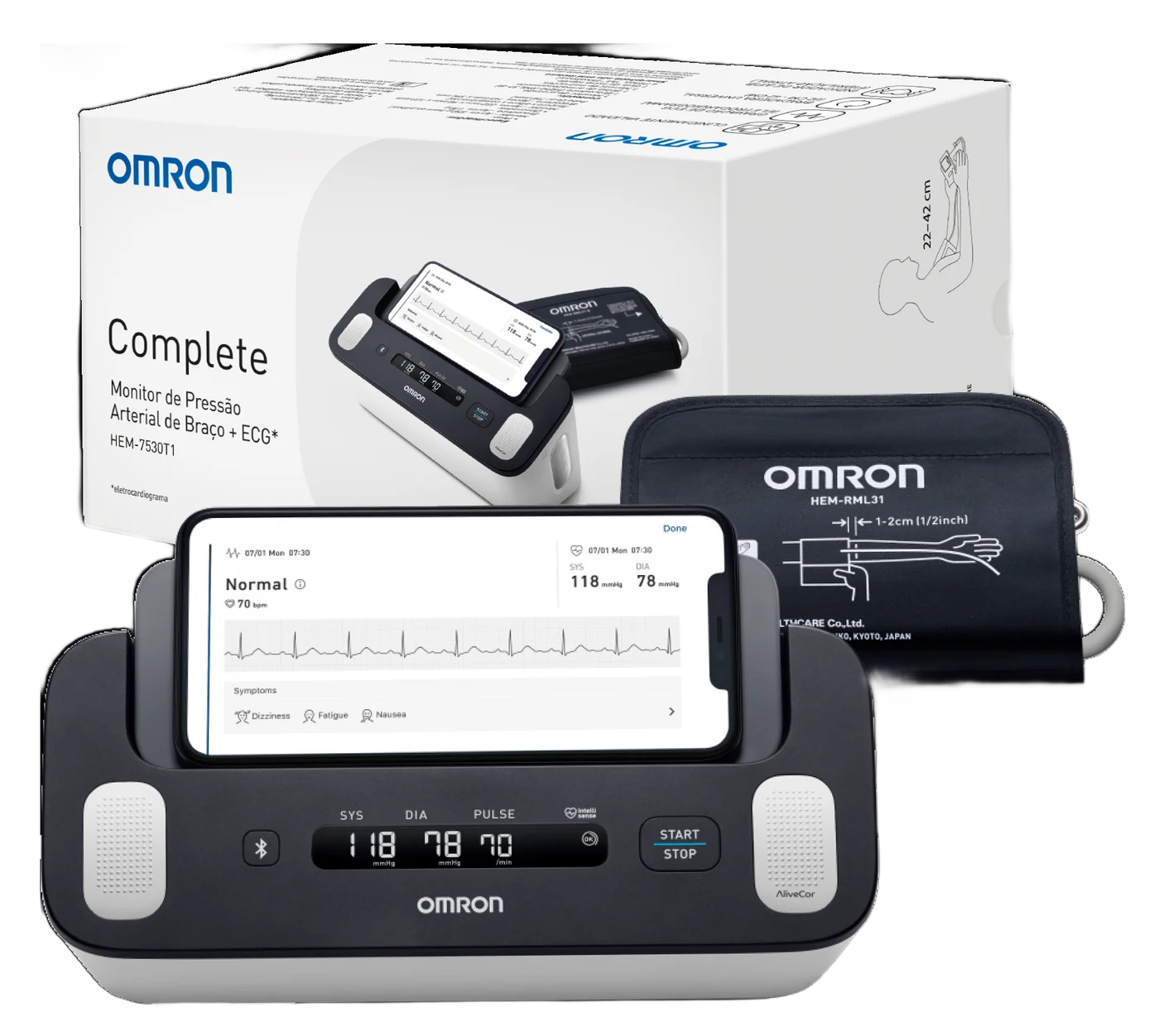 Monitor de pressão arterial com ECG OMRON Complete HEM-7530T com a caixa do produto