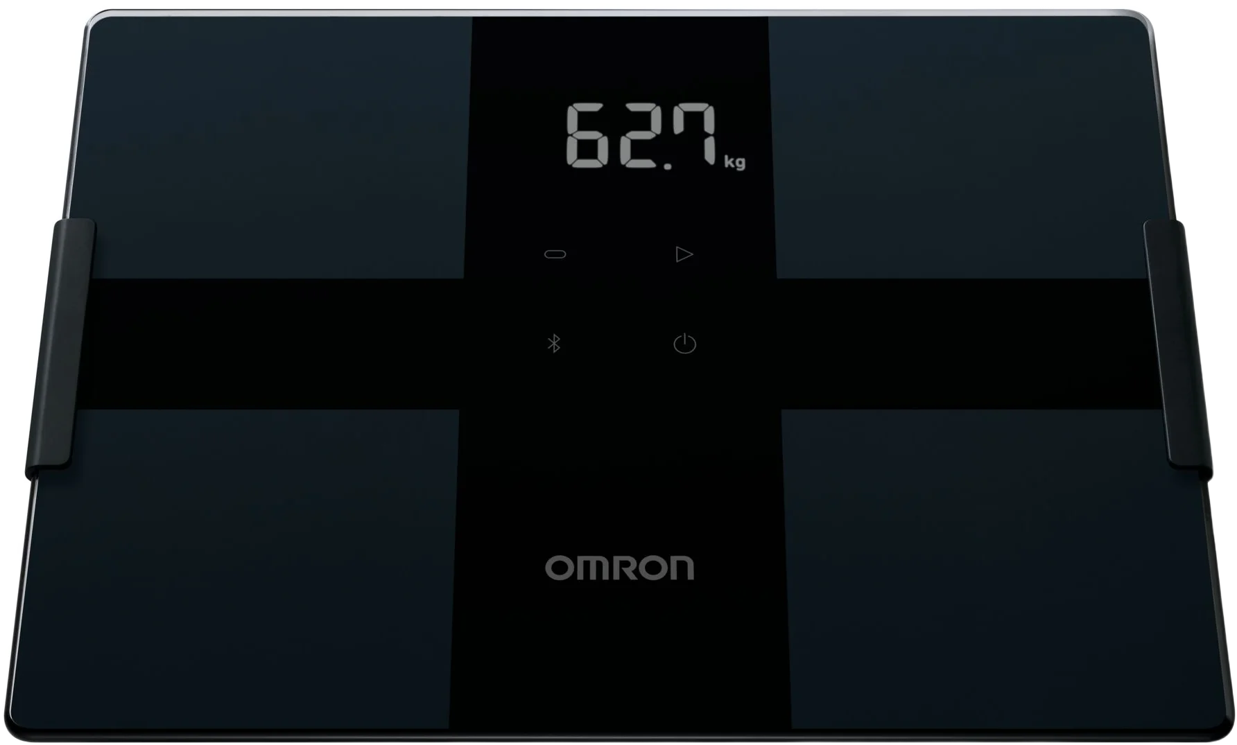 Balança de bioimpedância OMRON Connect2 (HBF-270T1) em vidro temperado preto, vista de cima
