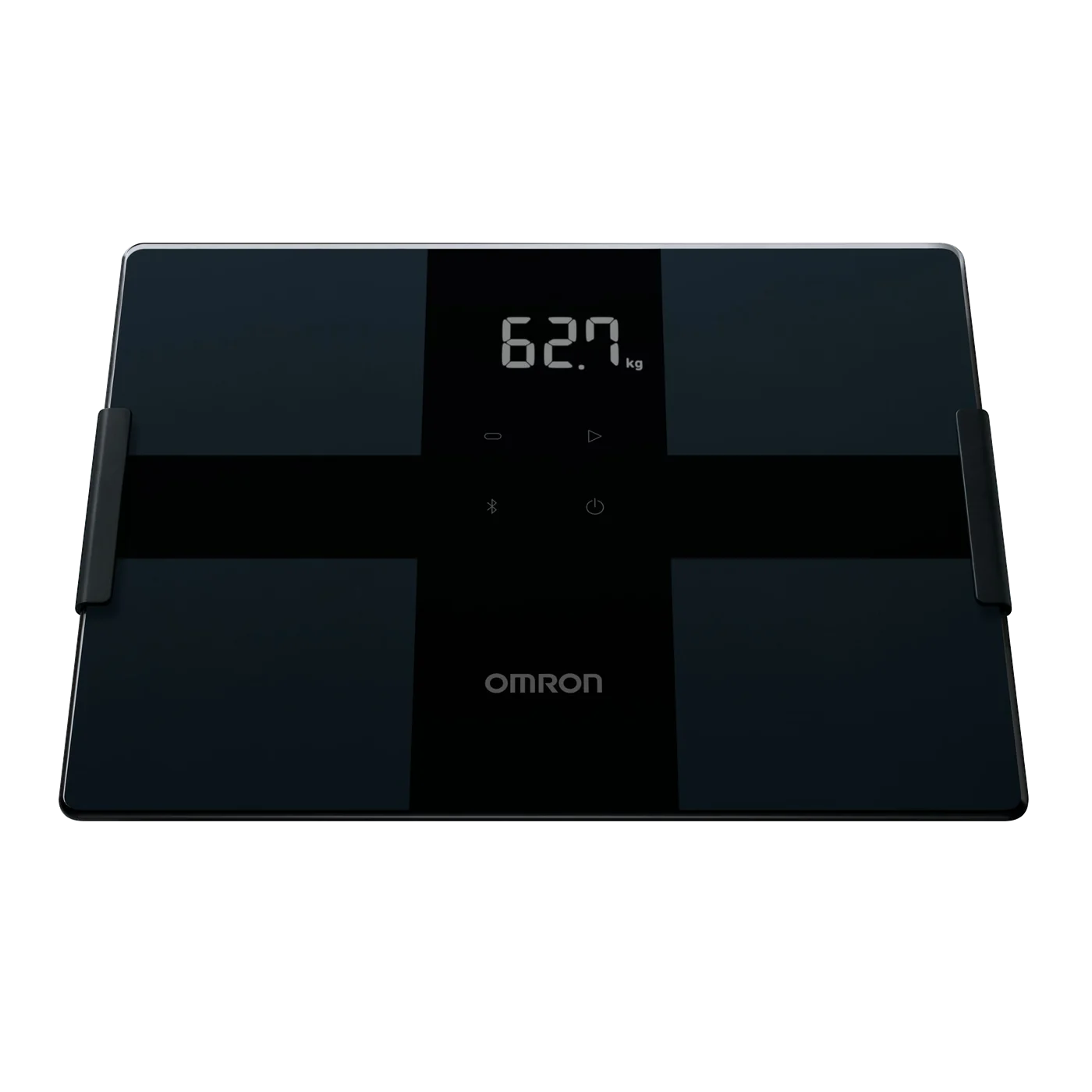 Balança de bioimpedância OMRON HBF-270T1 em vidro temperado preto, com o visor marcando 62,7 kg