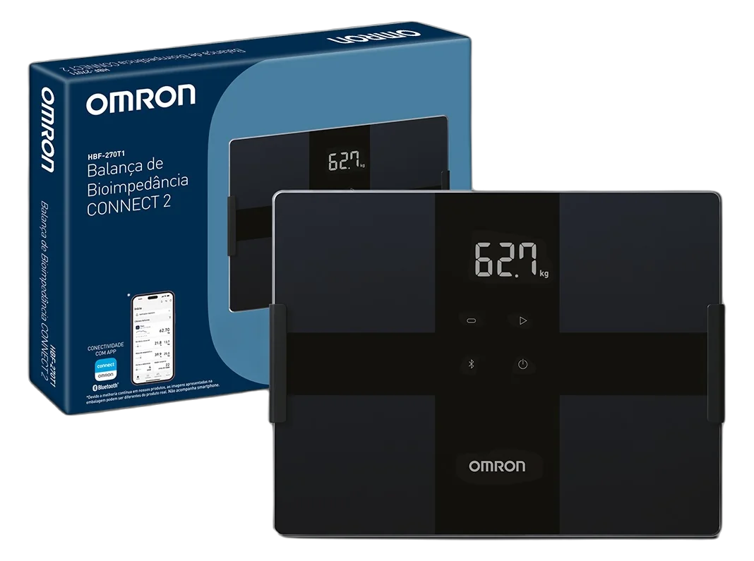 Balança de bioimpedância OMRON Connect2 (HBF-270T1) com a caixa do produto