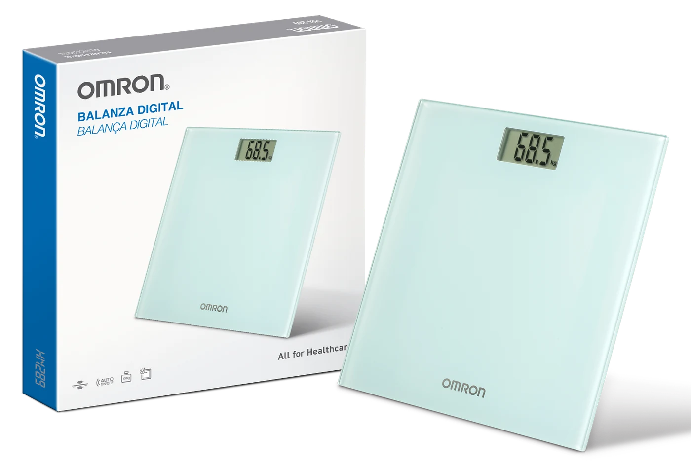 Balança digital corporal OMRON HN-289 com a caixa do produto